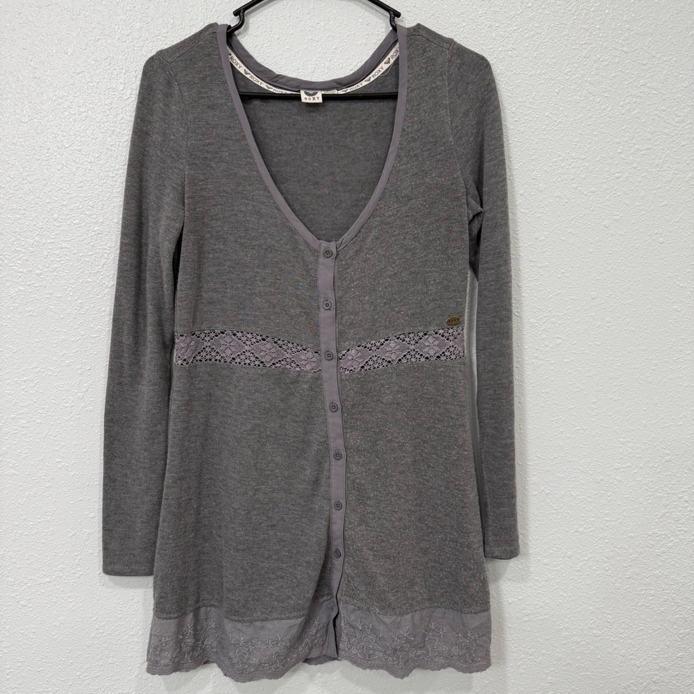 ROXY Women's Gray Button Front Cardigan Sweater Lace Trim M‎